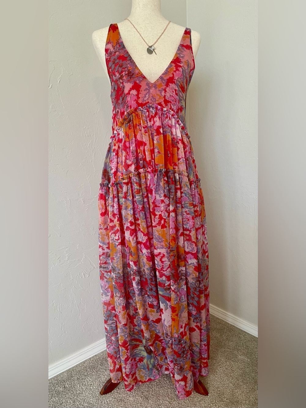 Free People Red Julianna Chiffon Maxi Dress Bohemian Summer Deep V Pockets Flowy - Picture 6 of 16